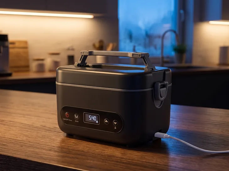 The box charging on a kitchen counter at night, cable plugged in