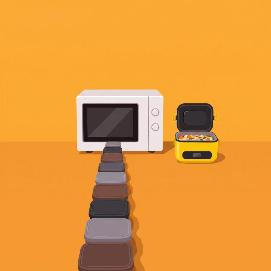 Lunch boxes queuing in front of a single microwave, and a yellow Ember Pro set apart