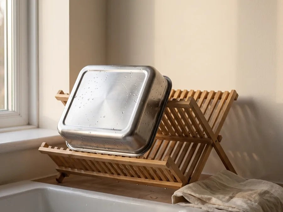 The dish drying on a wooden rack by the sink, straight out of the dishwasher