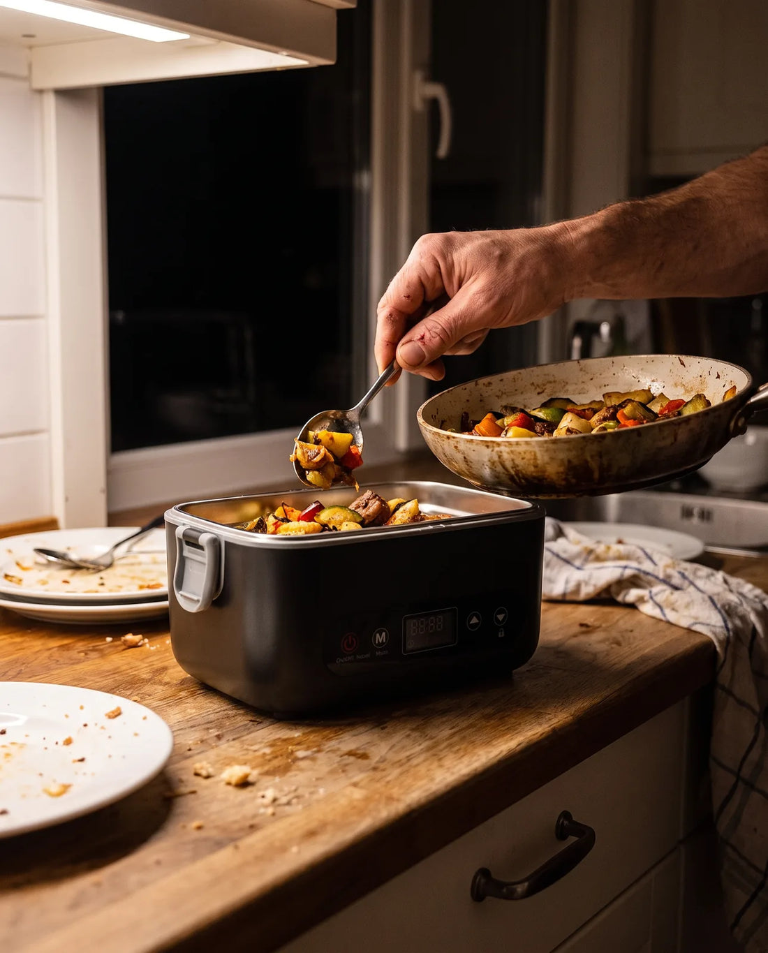 The lunch box open on a kitchen counter, being filled the night before