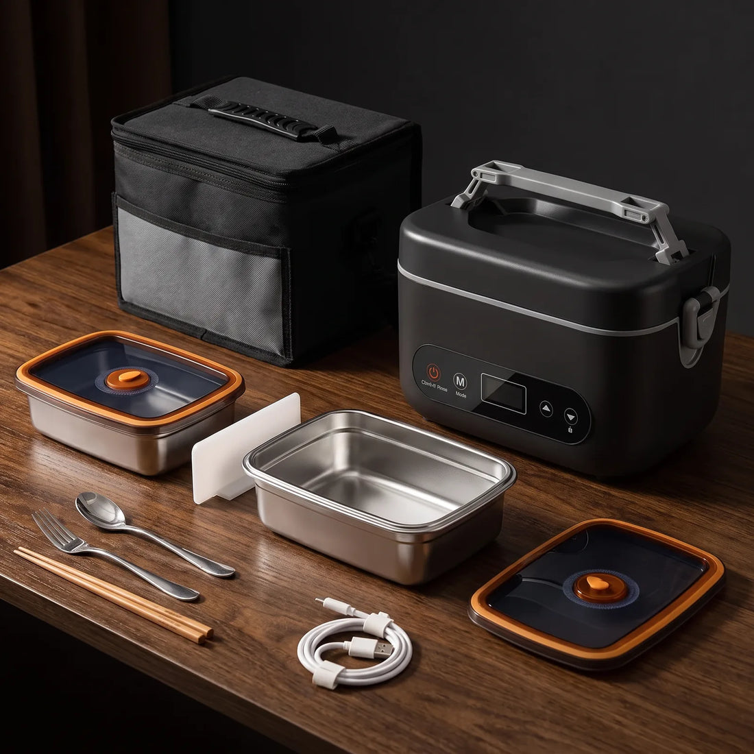 The complete kit: heated lunch box, stainless inner dish, insulated bag, USB-C cable and cutlery, laid out together