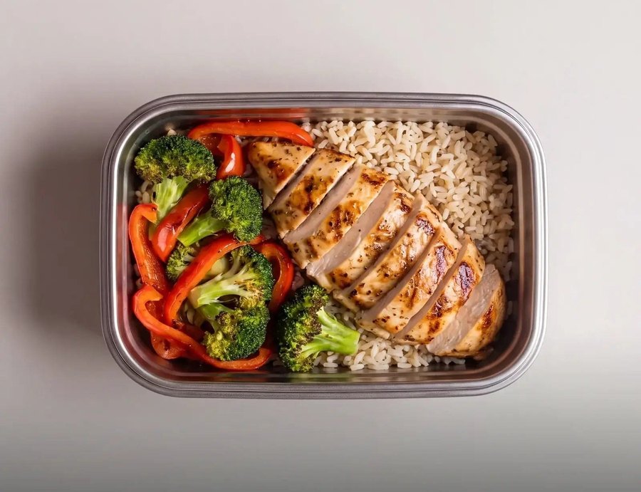 One tray filled with chicken, brown rice and roasted vegetables