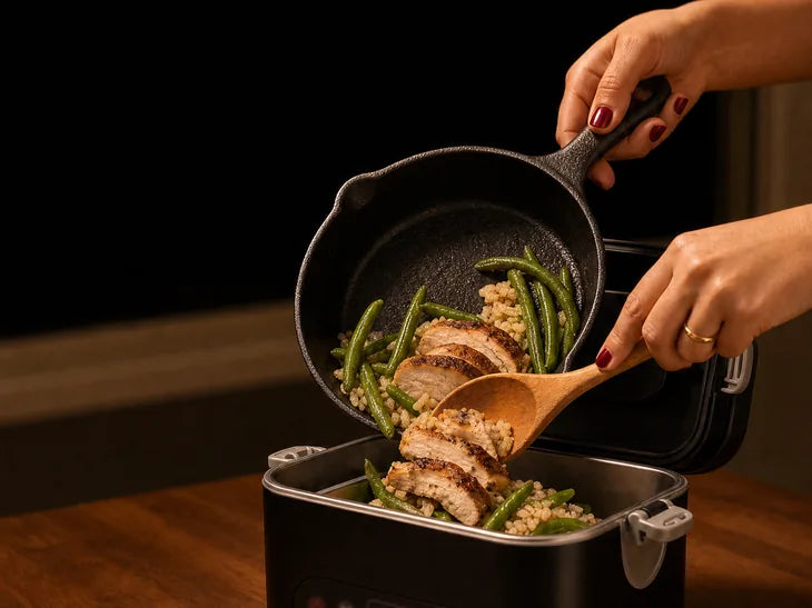 Hands spooning dinner from a skillet into the stainless tray, in the evening