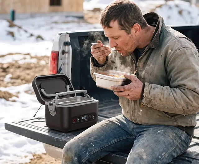 An owner eating out of the box on a tailgate