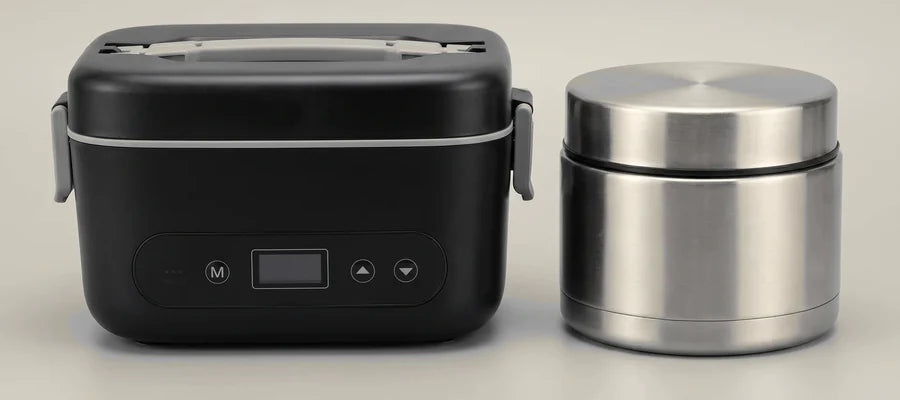 The heated box beside a food thermos, photographed at the same scale