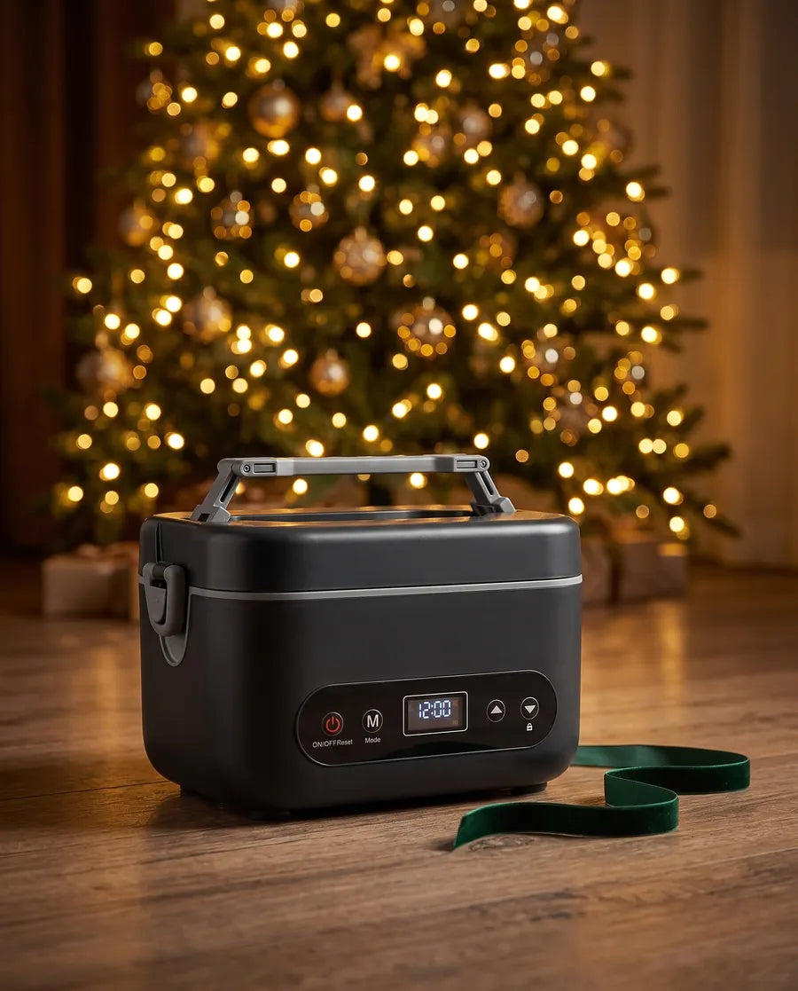 The box on a wooden floor in front of a lit tree