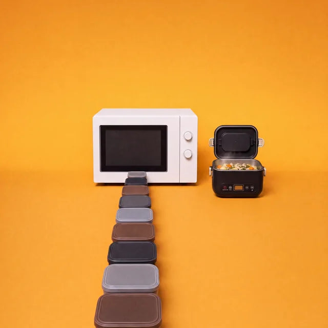 A line of cold lunch boxes queuing at a microwave