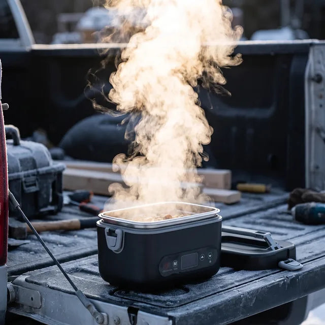 Steam rising from the box on a tailgate, nowhere near an outlet