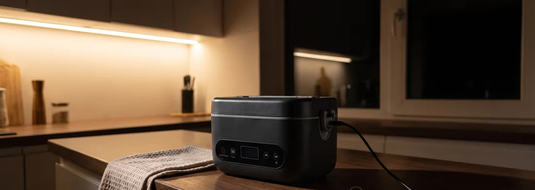 The box charging overnight on a kitchen counter
