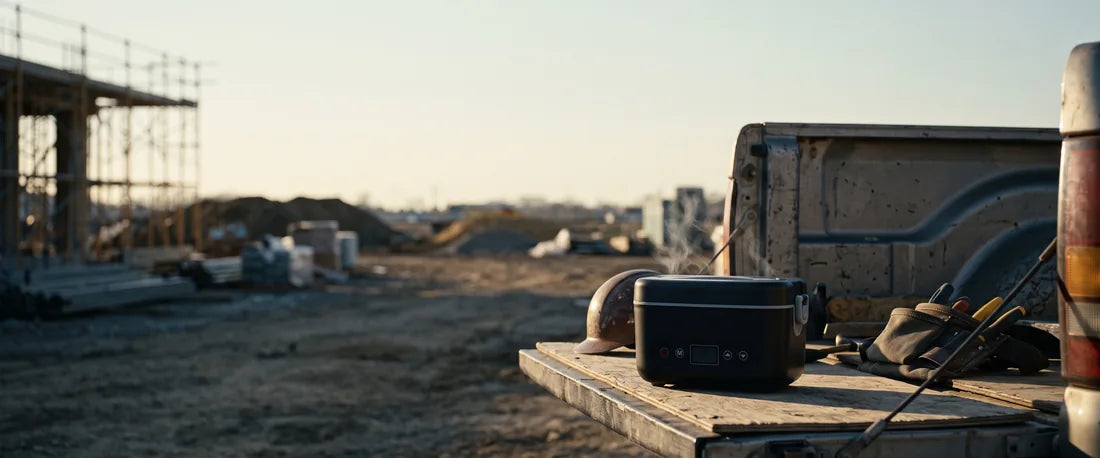 The box on a pickup tailgate at a work site at sunrise, steam rising