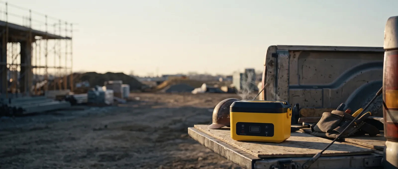 The Ember Pro on a pickup tailgate at the edge of a building site at dusk
